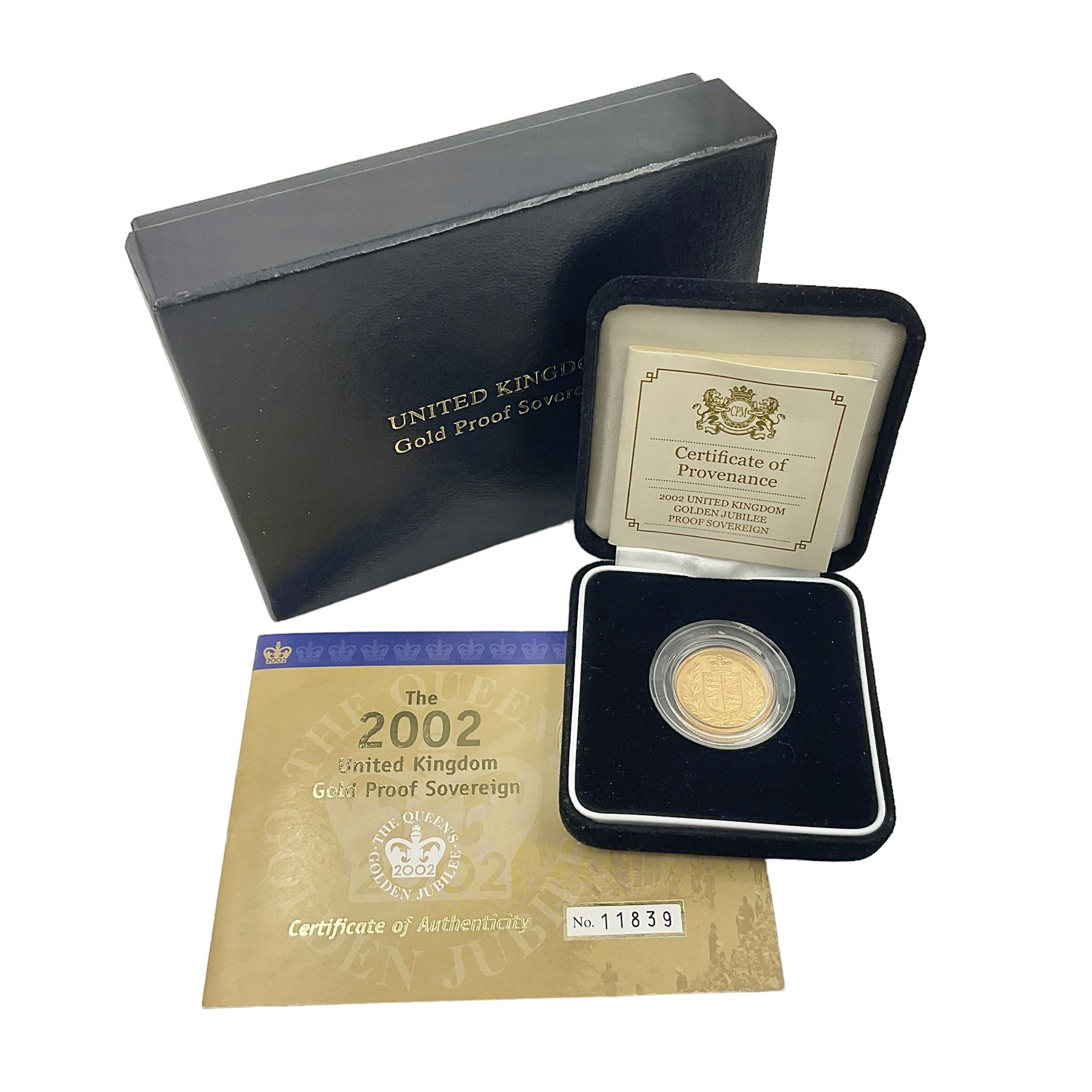 Queen Elizabeth II 2002 gold proof full sovereign coin, cased with certificate