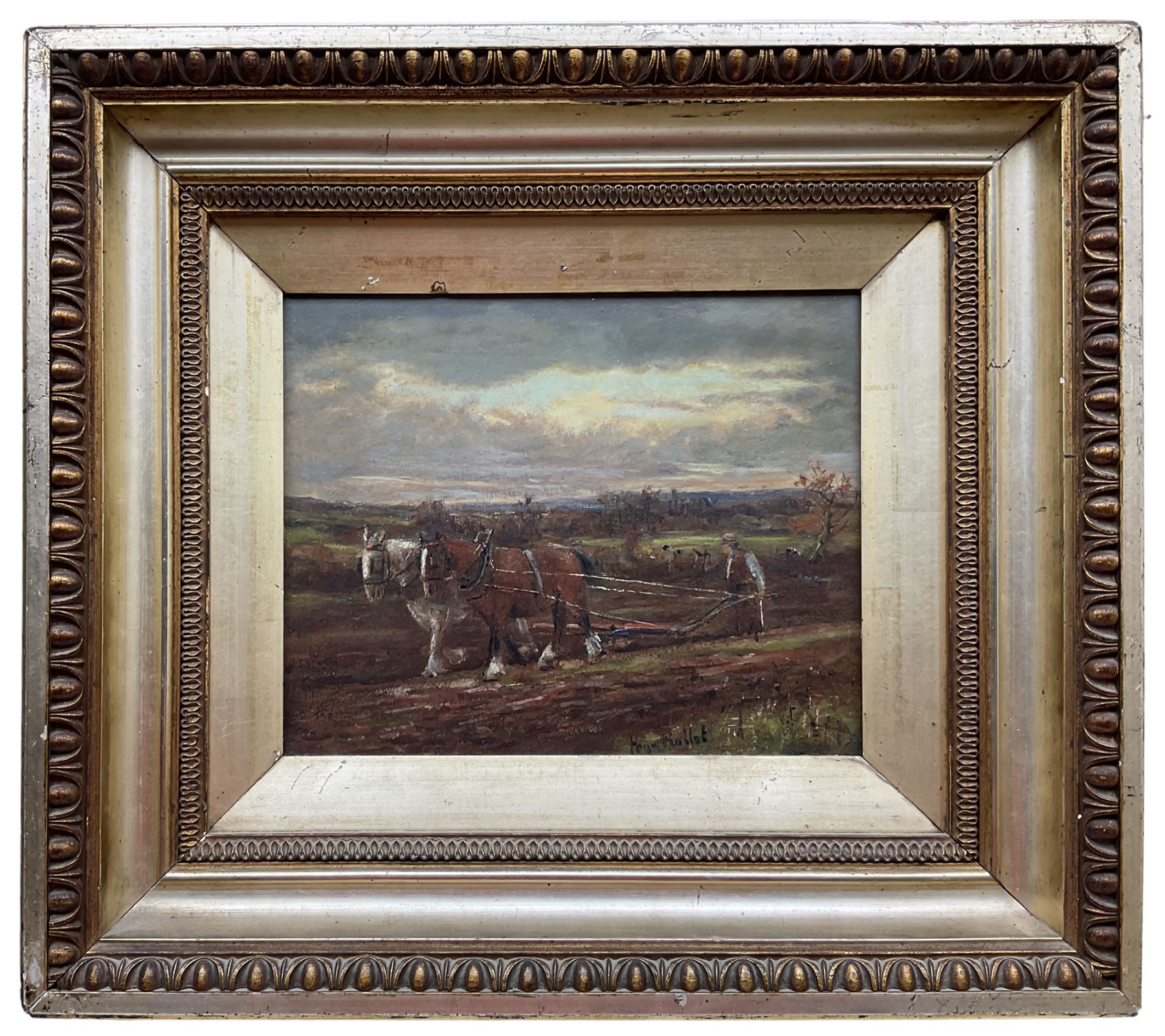Henry Rollet (British exh.1886-1916): Ploughing the Fields at Dusk, oil on board signed 22cm x 27cm