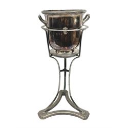 19th century Elkington & Co silver plated twin handled wine cooler and stand, raised upon three legs with a triform base, H51cm 