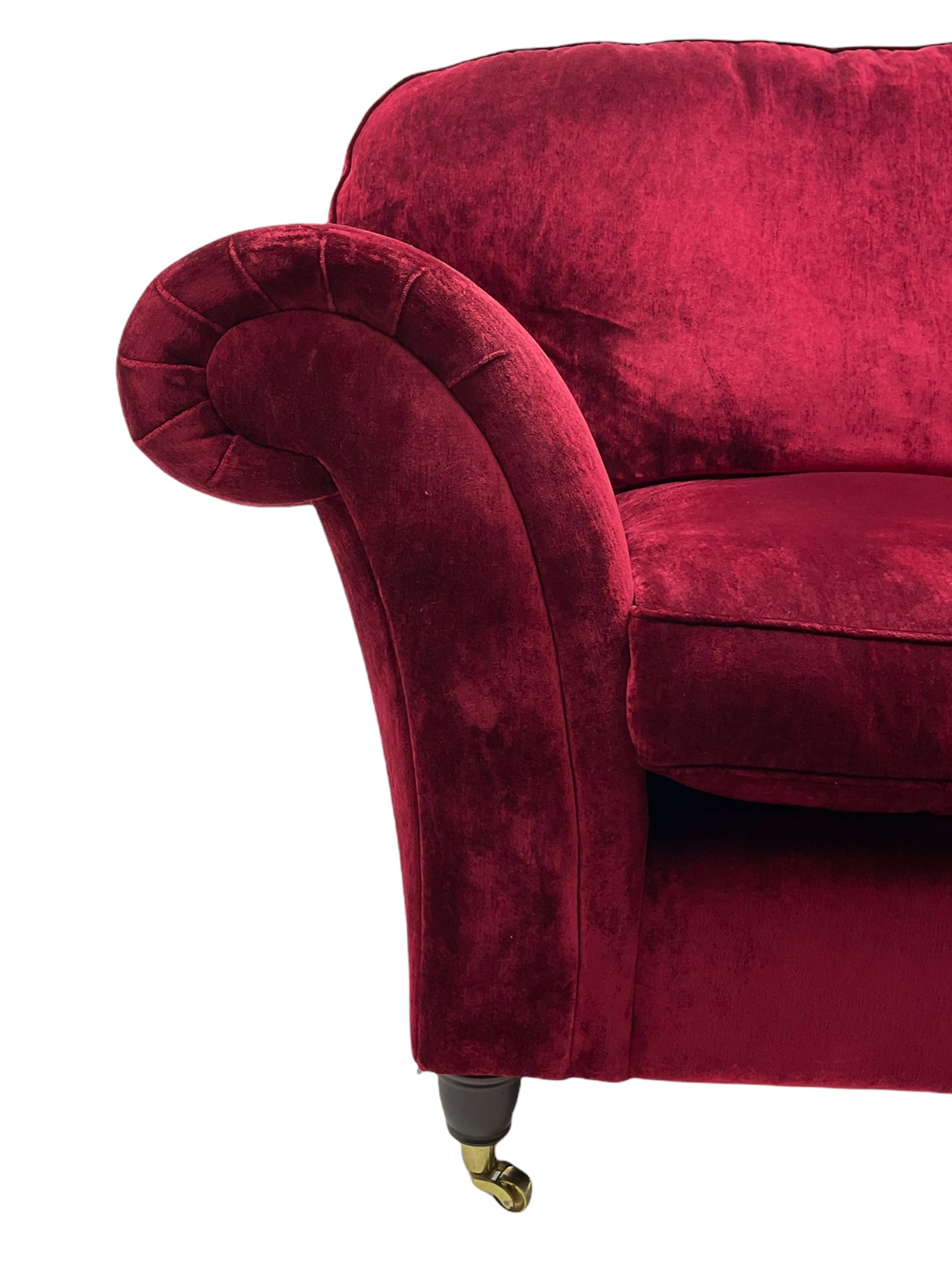 Laura Ashley - traditional shaped three seat sofa (W225cm, D95cm), and matching two seat sofa (W182cm), upholstered in crushed red velvet fabric 