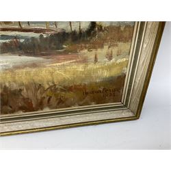 Hector Fraser (British 20th century): 'River Meadow', oil on board signed and dated 1973 together with two similar oils by different hands max 40cm x 60cm (3)