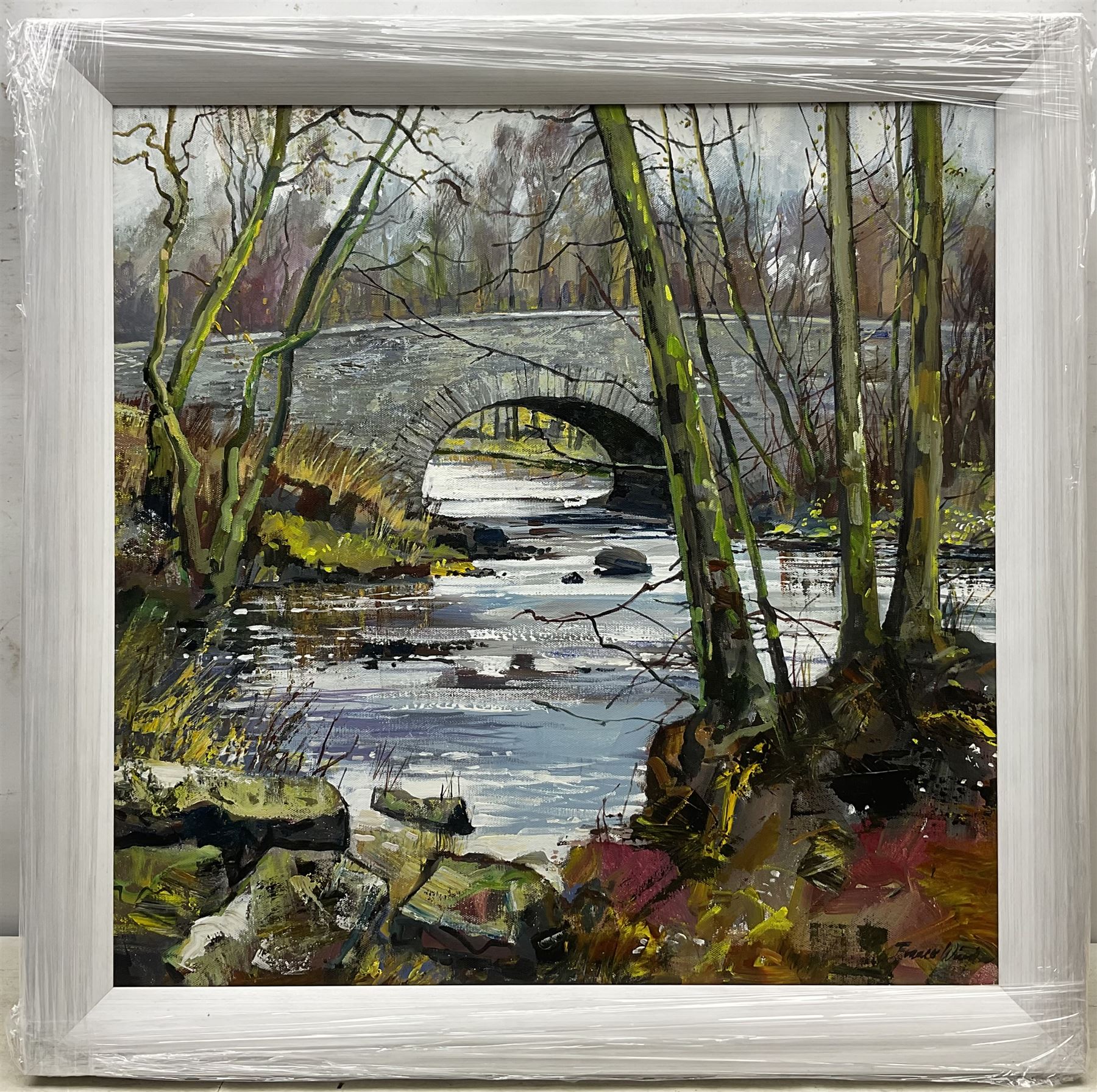 Frances Winder (British Contemporary): The Old Stone Bridge, acrylic on canvas signed 59cm x 59cm