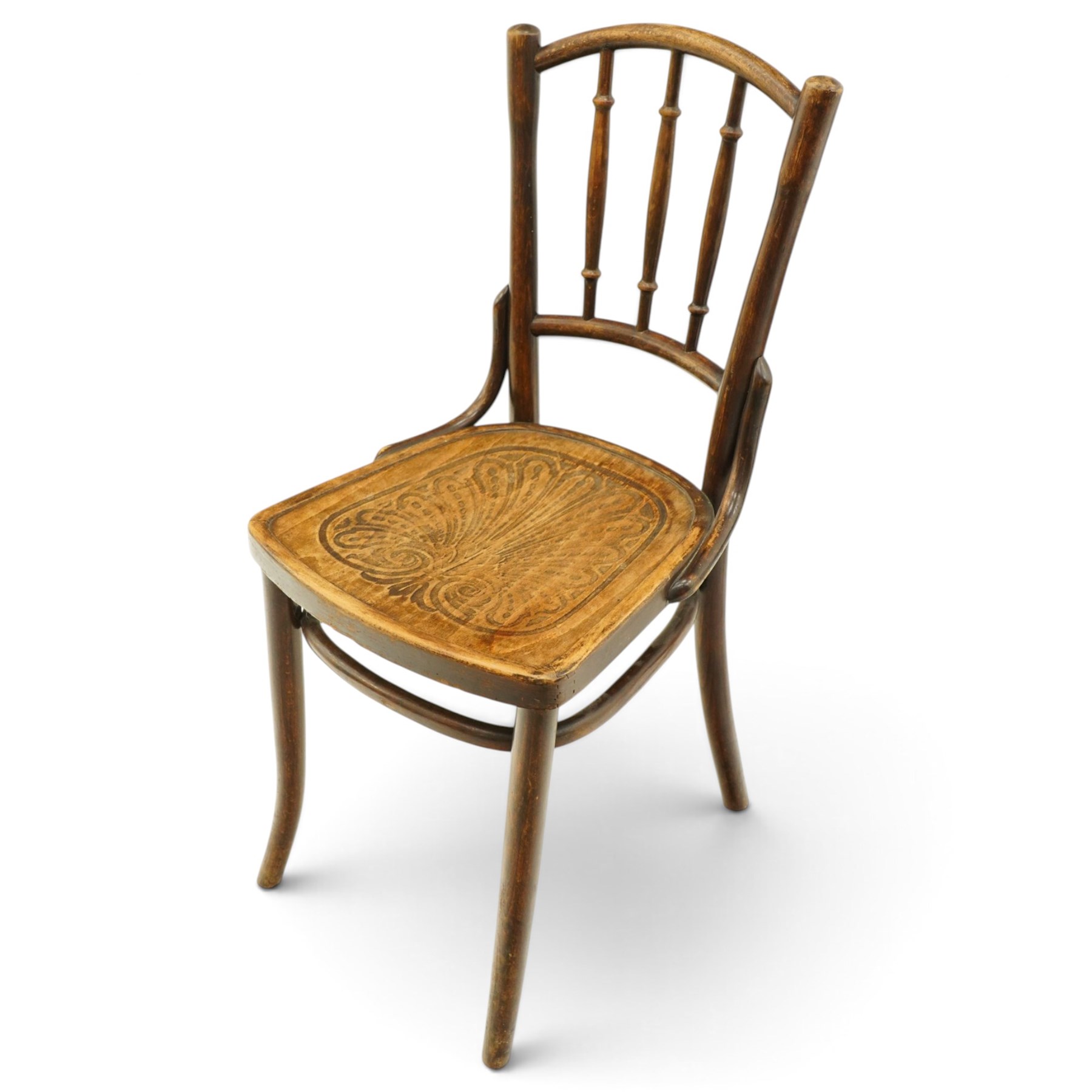 Thonet - pair of early 20th century bentwood bistro side chairs, spindle backs over anthemion motif seats, on tapering supports