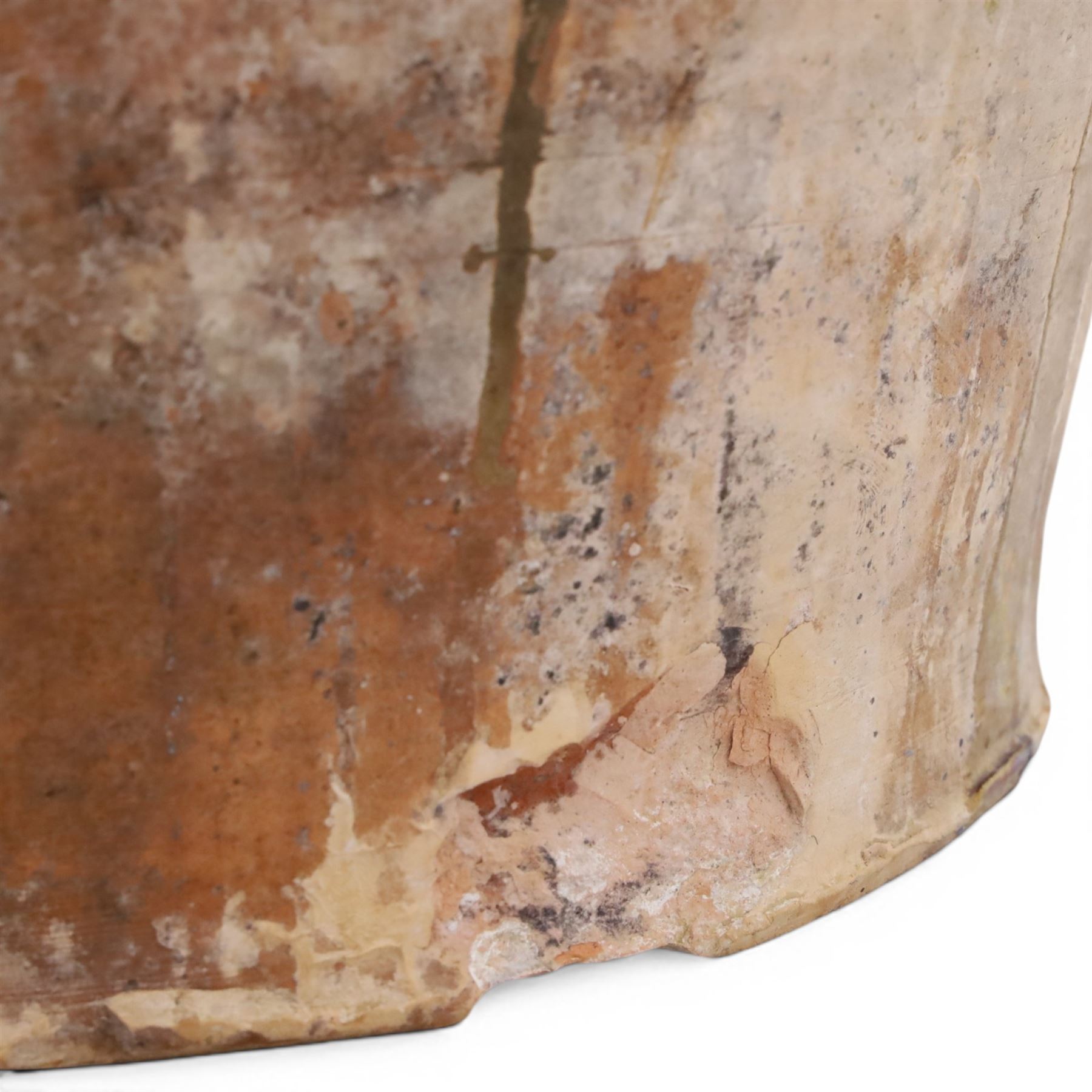 Large Spanish terracotta olive jar, of typical baluster form with drip glaze decoration and three lug handles, with impressed mark fabrica de alfareria, H58cm