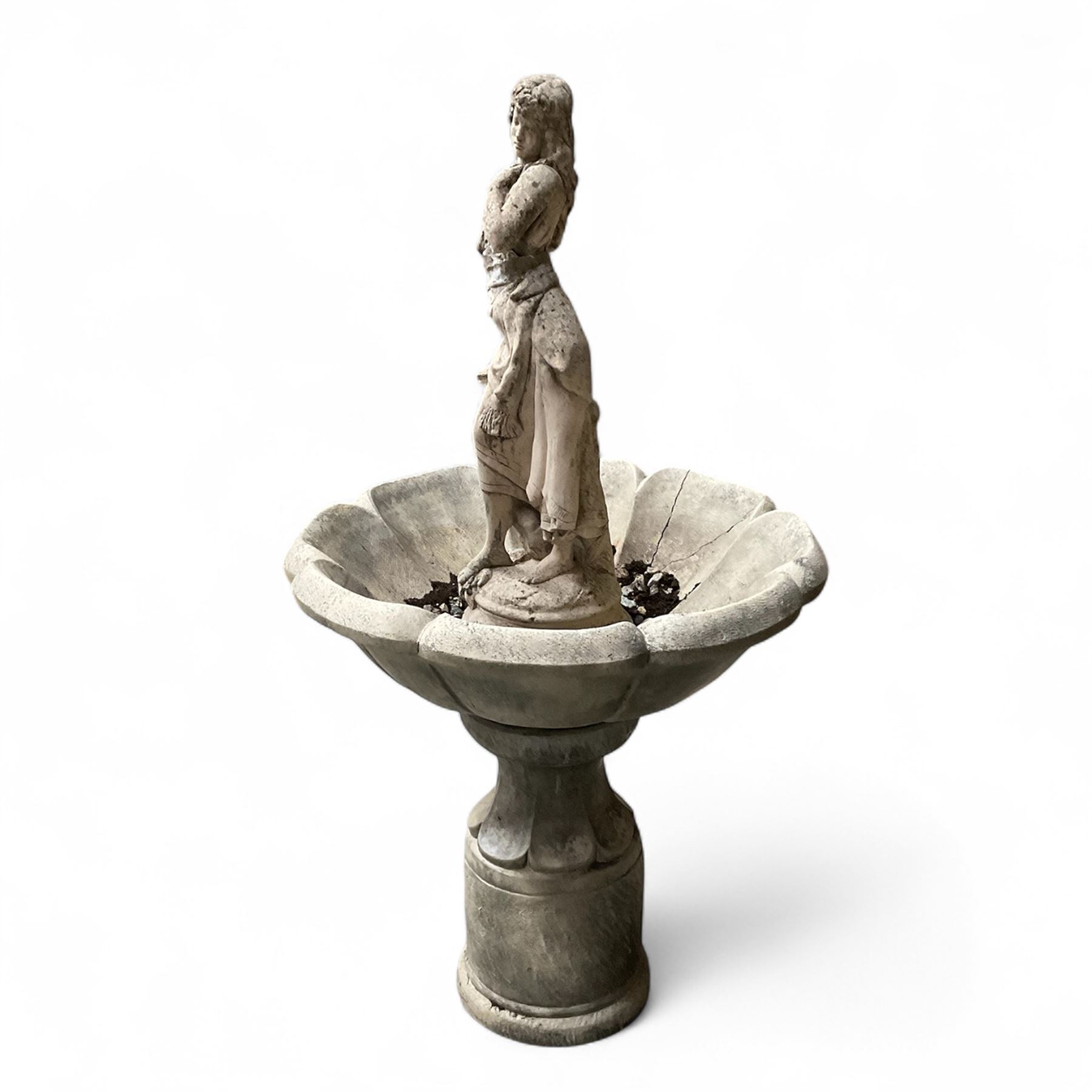 Cast stone garden centre-piece bird bath with raised female figure
