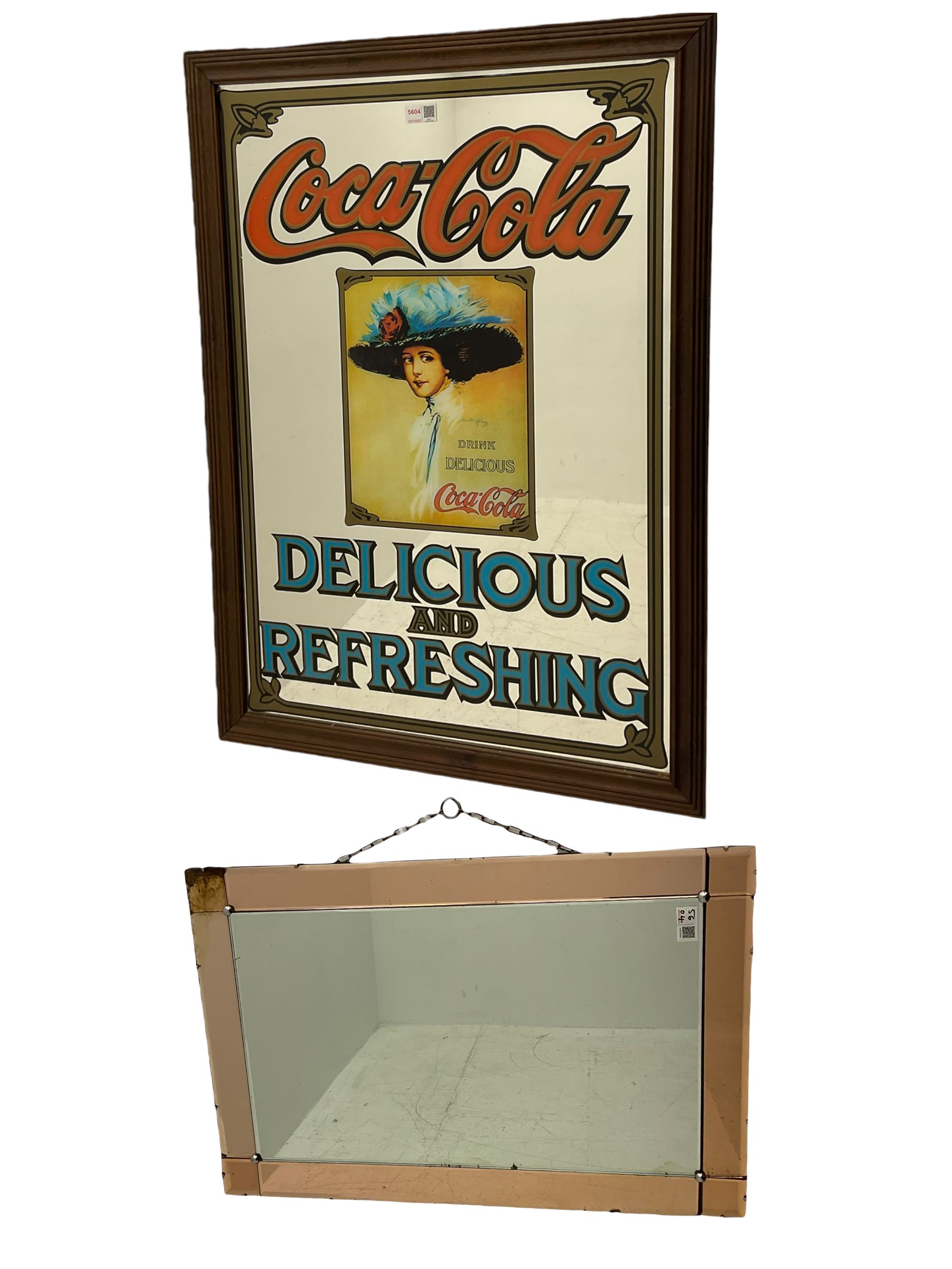 Late 20th century 'Coca Cola' style mirror (64cm x 89cm), and a 20th century frameless mirror (44cm x 67cm)