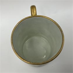 19th Sèvres style porcelain cup and saucer, the cup painted with a figural scene, against a scalloped border of scrolling floral swags on a blue ground, together with a Sèvres soft paste porcelain coffee can and saucer, painted with panels of exotic birds, roses and a border of cornflowers, LL monogram enclosing date letters H above painters mark, coffee can H6.5cm, saucer D13.5cm (2)