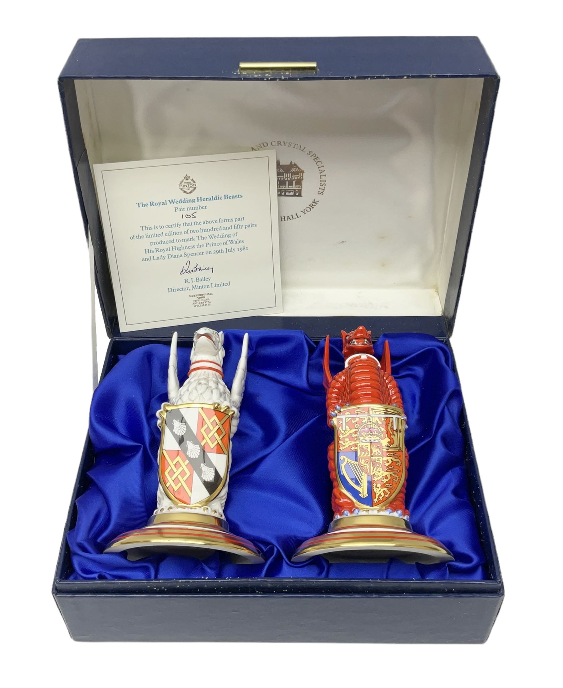 Pair of Minton Royal Wedding heraldic beasts for Mulberry Hall, 105/250 limited edition with box, H16cm