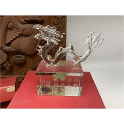 Collection of modern Chinese items, to include a resin paperweight topped with a glass dragon, signs of the zodiac Chinese paper cutting with original box, carved wooden plaque etc  