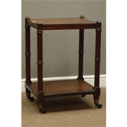  Early 19th century mahogany two tier stand, turned supports with brass castors, 52cm x 42cm, H72cm  