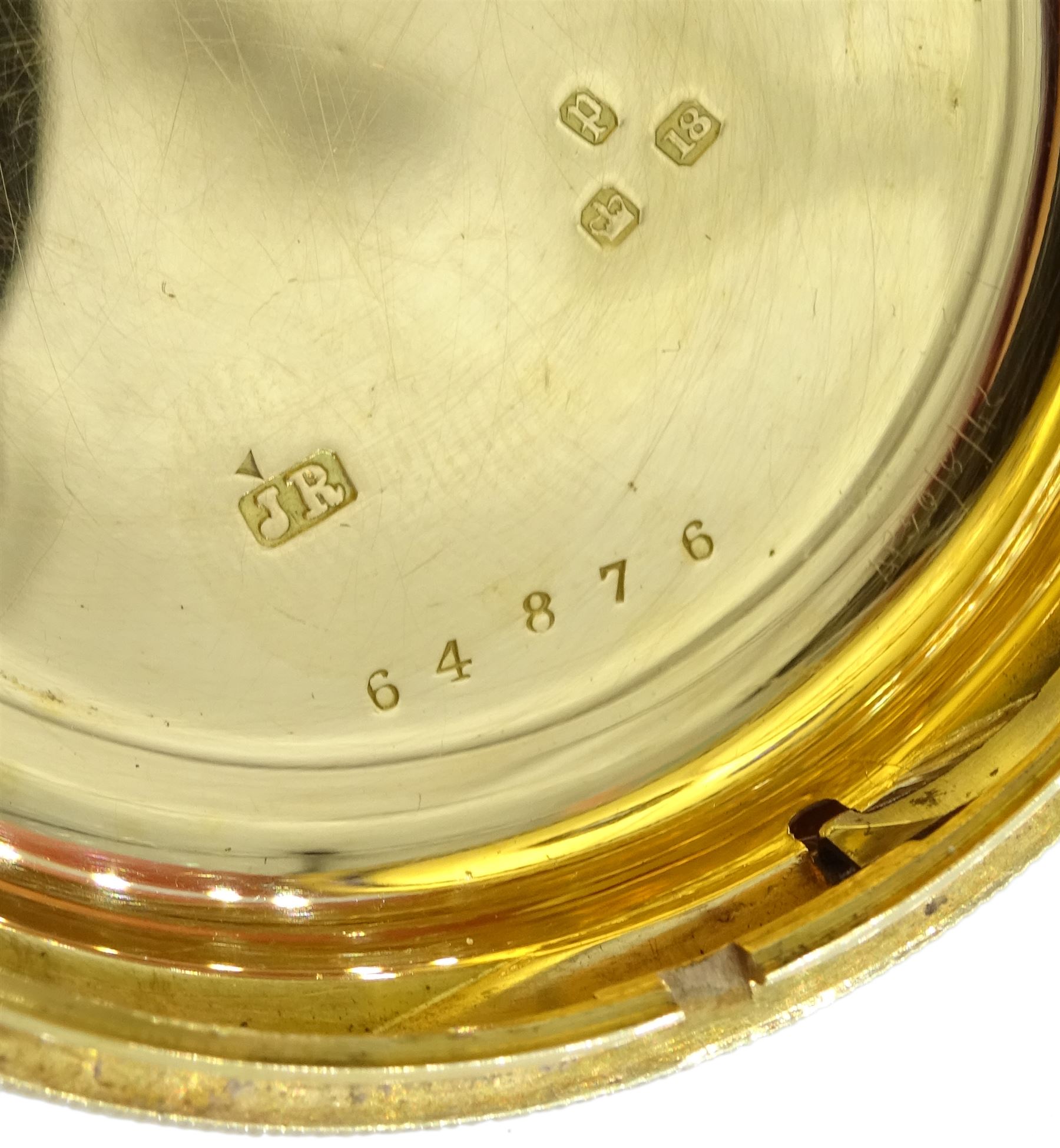 Victorian 18ct gold open face English lever fusee pocket watch by Soloman Myers, London, No.64876, gilt dial with Roman numerals and subsidiary seconds dial, case makers mark J R, London 1870