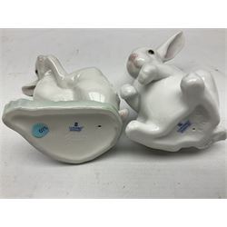 Six Lladro figures, comprising A Friend for Life no 7685, Rabbit Eating no 4773, Sitting Bunny no 5907, Washing up no 5887, Surprised cat no 5114 and Scar-dy Cat no 5092, all with original boxes, largest example H15cm 