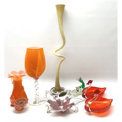 Group of Art Glass, to include Murano examples, including dish of star, a tall vase of twisted form, a goblet vase with lobed orange bowl upon a clear twisted stem and circular foot, a pair of dishes modelled as birds, etc. 
