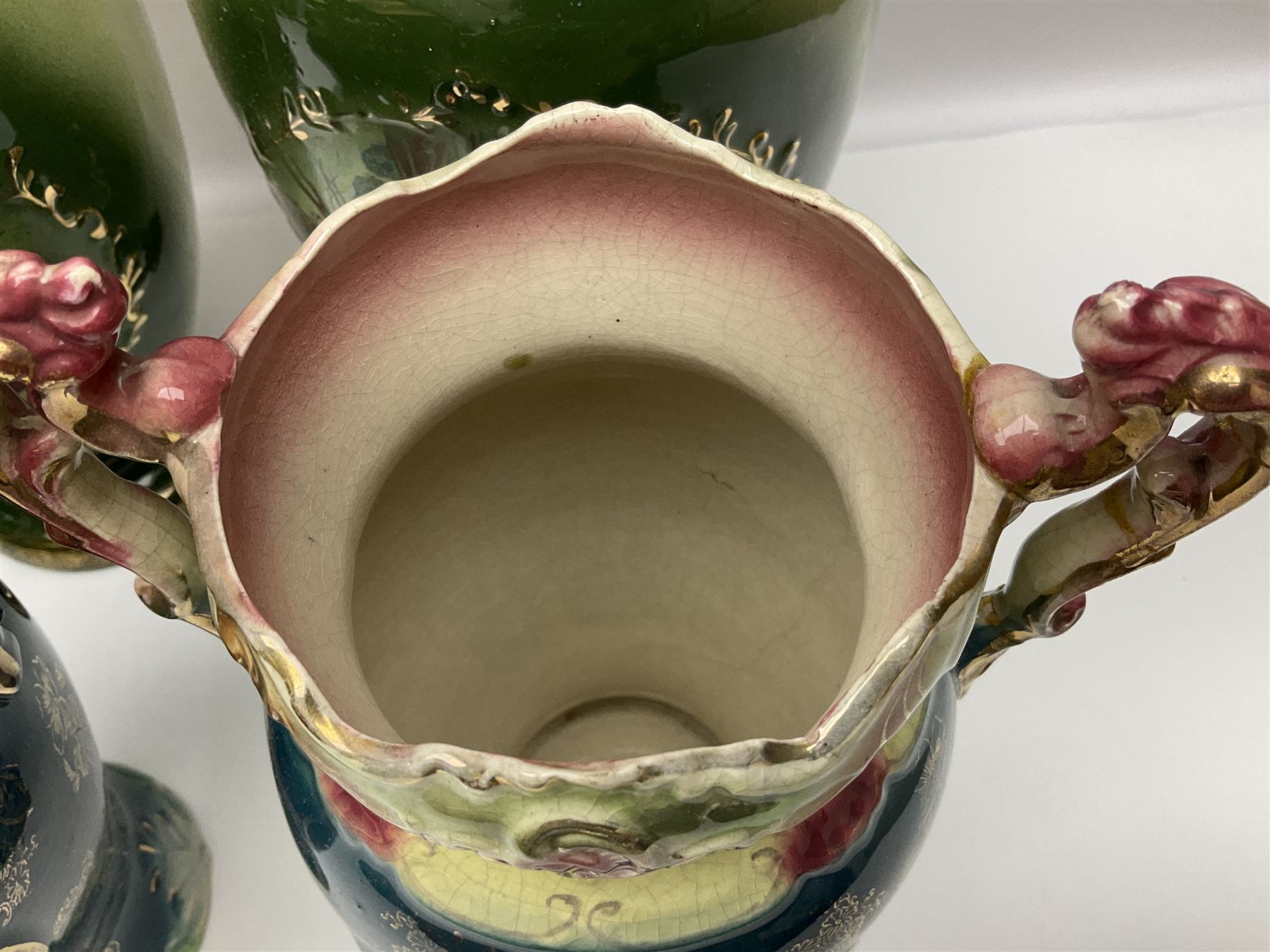 Set of four Chinese cloisonne enamel napkin rings, together with a pair of Strasburg Ware vases, a pair of similar larger continental vases and four Royal commemorative mugs