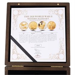 The London Mint Office 'The 2020 World War II Western Allied Set', comprising United States of America one tenth ounce gold five dollar coin, United Kingdom fine gold proof twenty-five pound coin, France fine gold proof fifty euro coin, and Canada 14ct gold proof one hundred dollar coin, cased with certificate