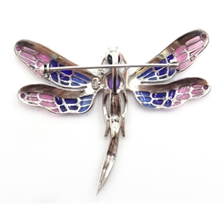  Plique-a-jour and marcasite silver dragonfly pendant/brooch, stamped 925  
