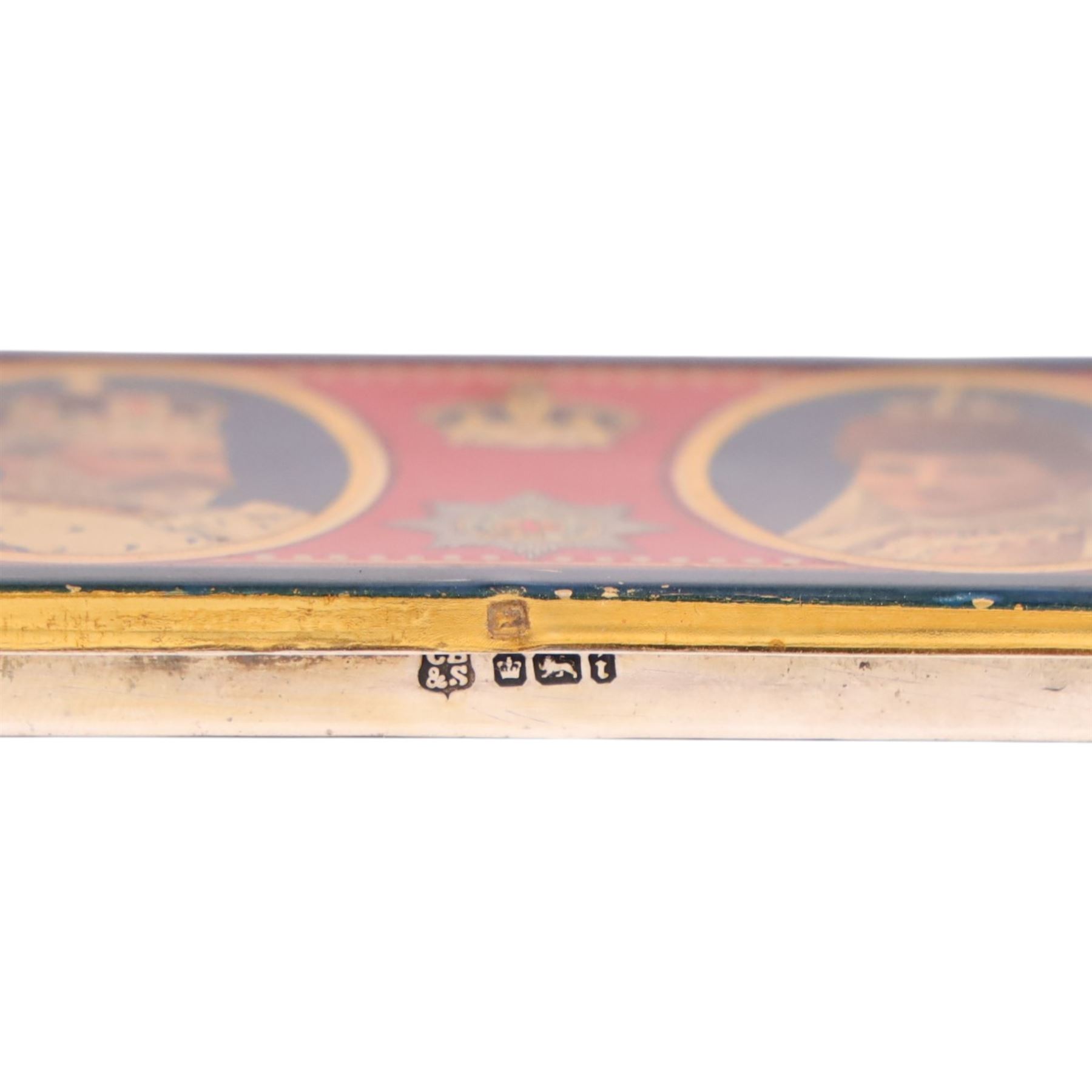 Edwardian silver and enamel Coronation chocolate box, the lid enamelled with oval portraits of King Edward VII and Queen Alexandra and inscribed: Coronation Day June 26th 1902, hallmarked Sheffield 1901 Cooper Brothers and Sons, in original presentation case

