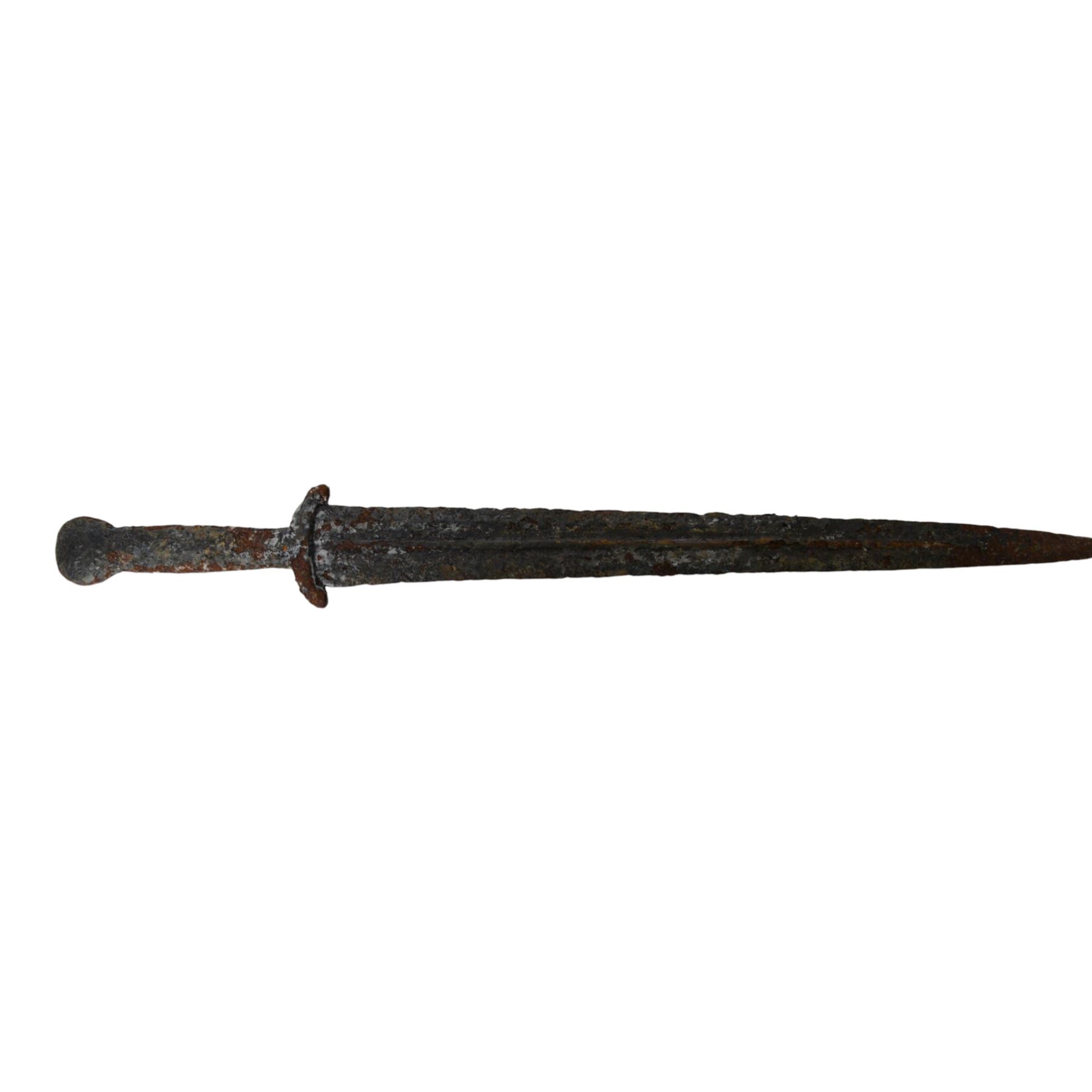 13th-6th century BC, two daggers of triangular shape with shallow fuller tapering to a pointed tip and raised midrib, short straight quillons, largest L55cm