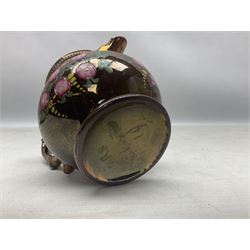 Early 20th century Sunderland lustre jug, decorated with transfer Masonic scene and poem 'The World is in Pain/Our Secrets to Gain/But Still Let Them Wonder and Gaze/The Never Can Divine/The World Nor The Sign/Of a Free and Accepted Mason', the reverse decorated with Sunderland River Wear cast iron bridge scene below text (a/f), together with a copper lustre jug, and pink lustre bowl, jug H20cm