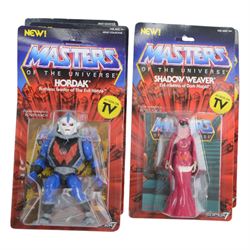 Thirteen Mattel Super7 reissue Masters of The Universe figures, comprising He-Man, Mat-At-Arms, Shadow Weaver, Hordak, Mer-Man, Prince Adam, Trap Jaw, Evil-Lyn, Orko, Skeletor, She-Ra, Beast Man and Teela, all carded