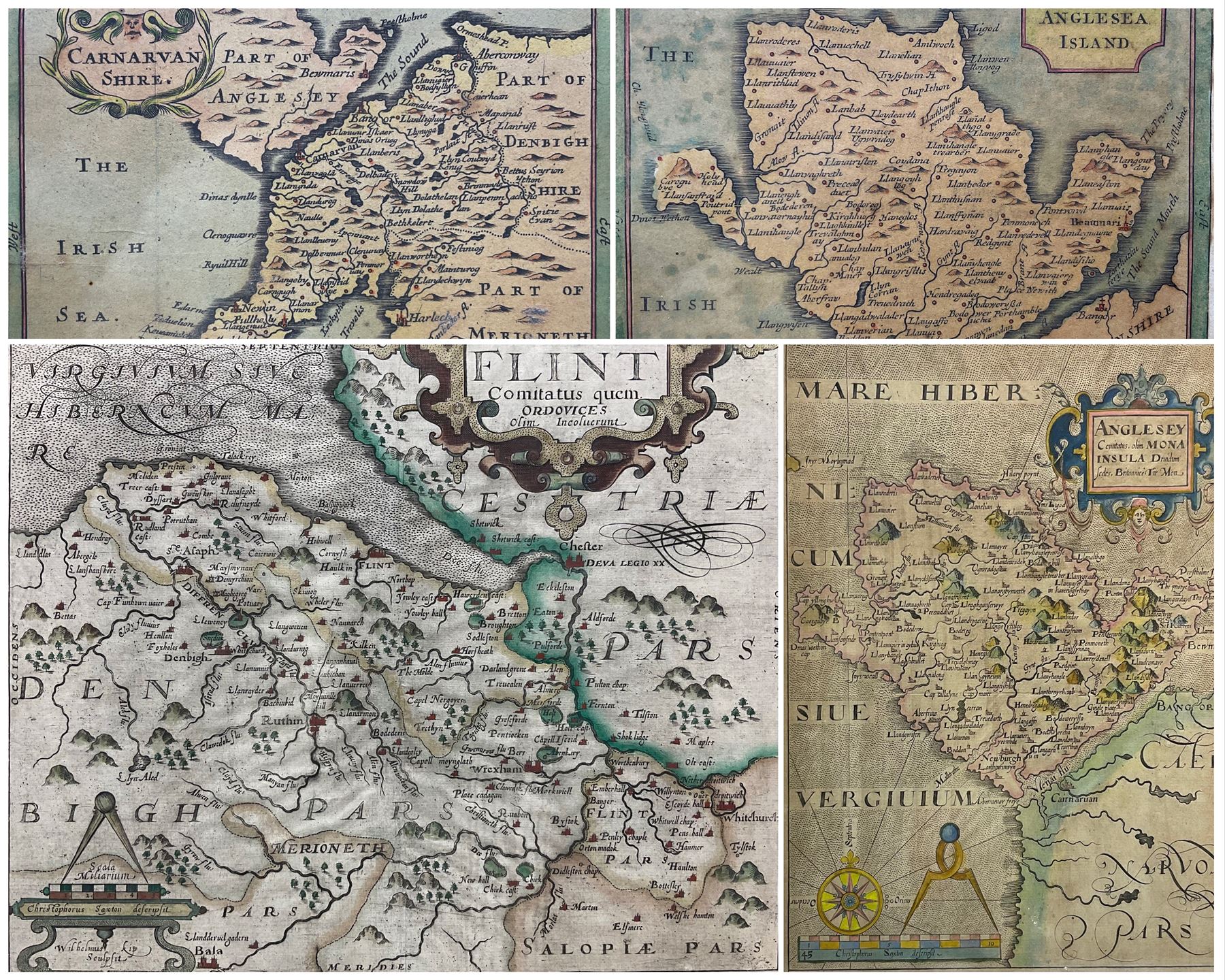 William Hole (British ?-1624) after Christopher Saxton (British c.1540-c.1610): 'Flint' and 'Anglesey', two early 17th century engraved maps with hand colouring together with two others max 27cm x 32cm (4)