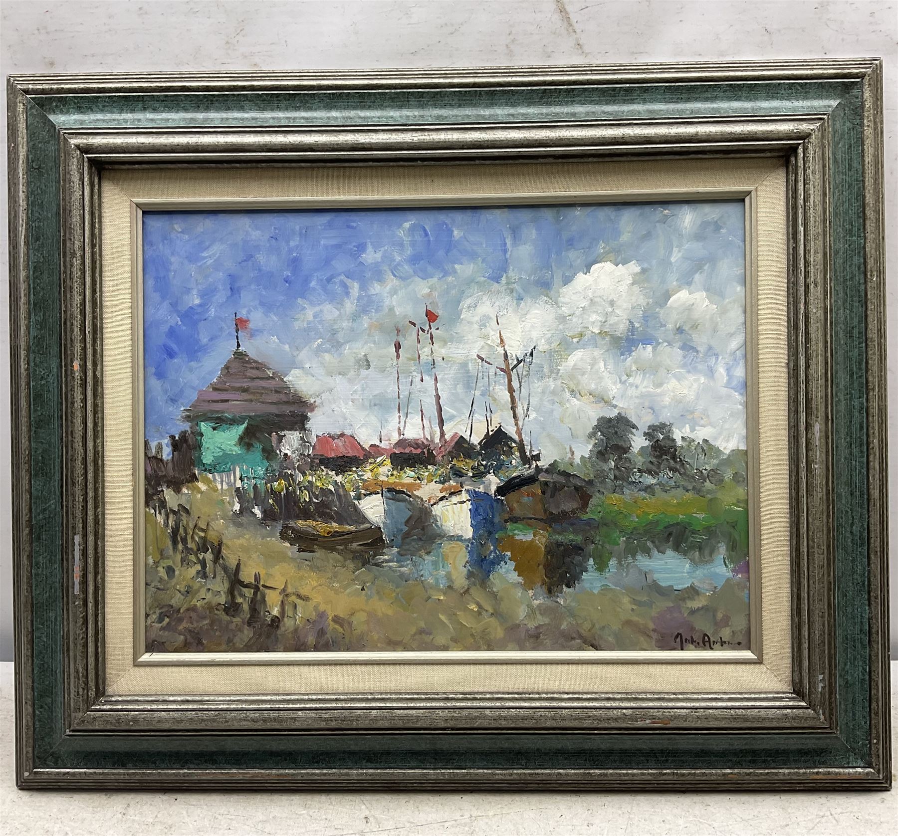 John Ambrose (British 1931-2010): Boats Resting in the Harbour, oil on board signed 29cm x 39cm 