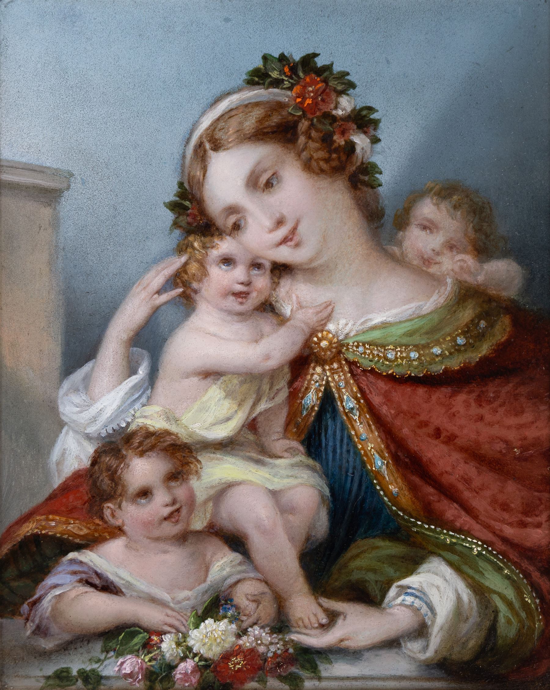 Siegfried Detlev Bendixen (German 1786-c1864): 'Faith' and 'Love', pair oils on panel faintly signed and one dated 1866, titled and inscribed verso 'Painted by S Bendixen 1866 and finished for the Countess of Tyrconnel at Kiplin March 1867', relating these to Kiplin Hall, near Richmond, and the Countess Sarah Carpenter (1799-1868), 27cm x 22cm (2)
Notes: Although the death of the artist is widely recorded as 1864, there is little information available regarding his time in England after moving to London in 1832, and the circumstances of his death are unknown. These portraits being dated 1866/1867 plausibly suggests that he died at a later date.