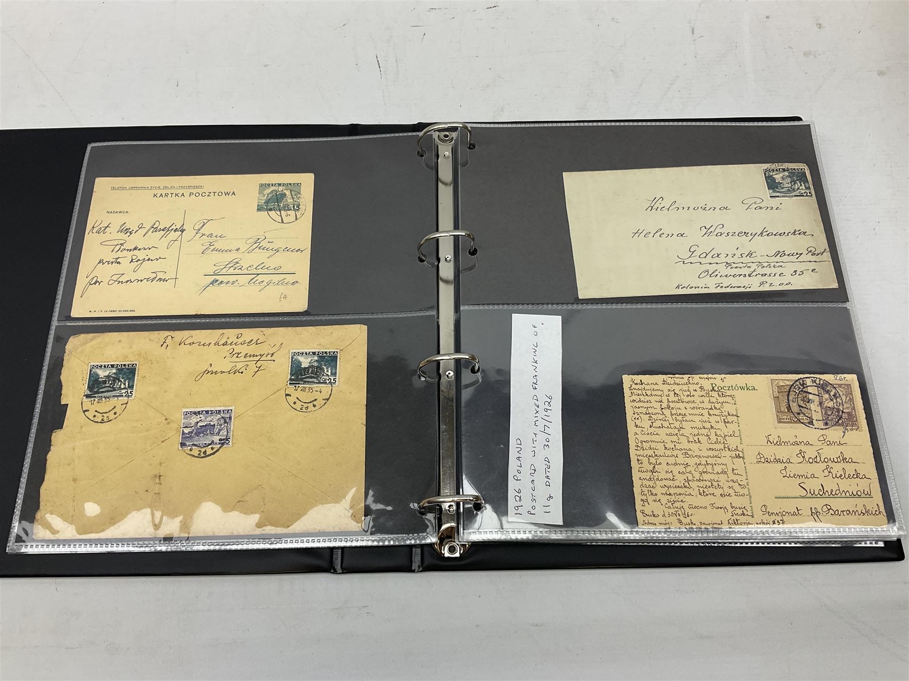 Postcards and postal history, including WWII period items, topographical postcards, military themed postcards including 'Daily Mail Battle Picture', 'War Bond Campaign Post Card' etc, housed in three ring binder albums, and an album containing various photos of men in military uniform dating from the late 1940s