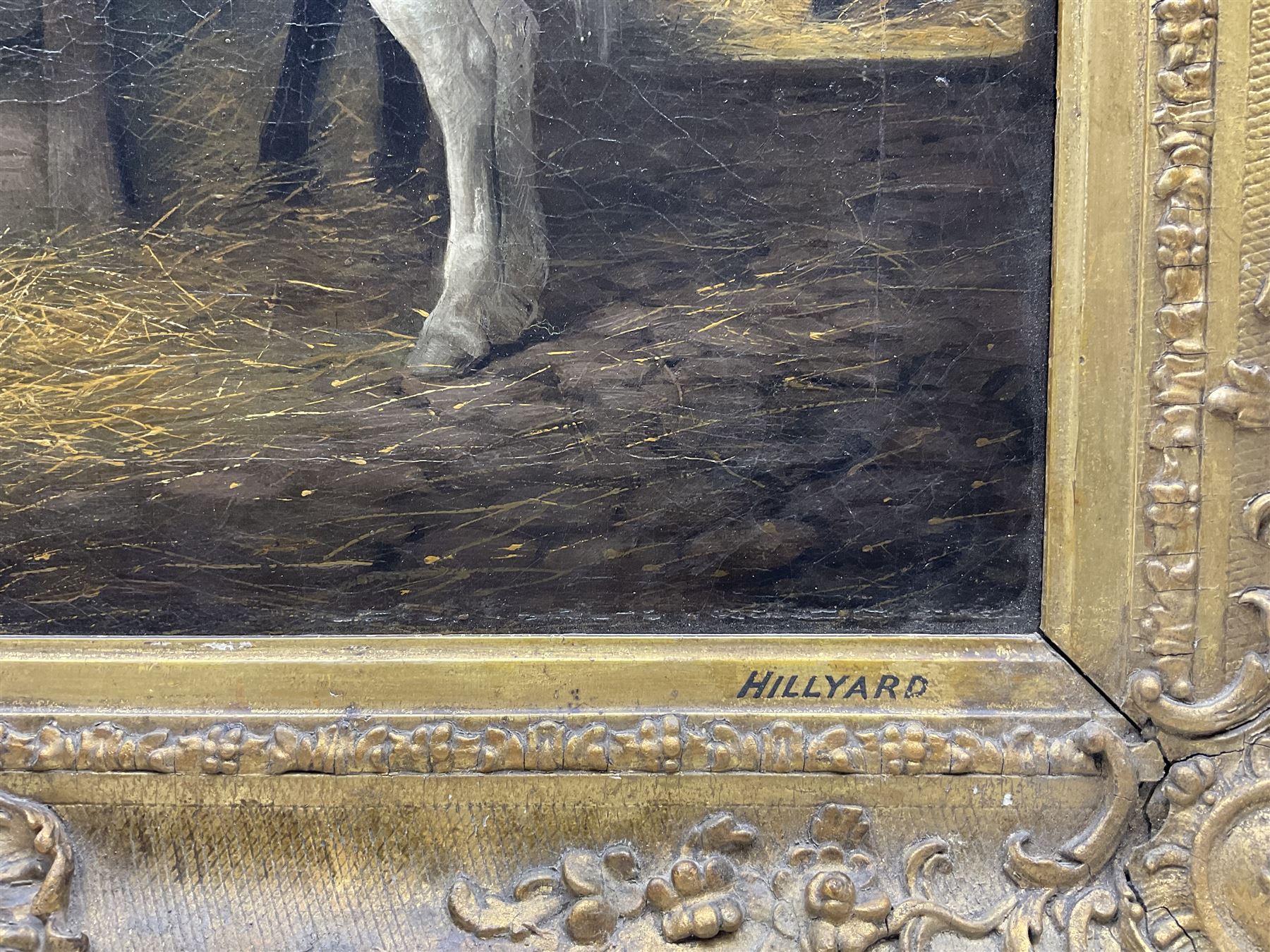 Hillyard (British 19th Century): Grey Hunter in a Stable - Horse Portrait, oil on canvas unsigned, attributed on the mount, in heavily ornamented swept gilt frame, 41cm x 51cm 