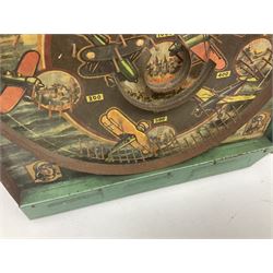 1934 Lindstrom's 'Airways' tin-plate bagatelle game by Lindstrom Tool and Toy Company Bridgeport Conn., the decorative bagatelle board depicting Lindstrom's epic airway routes; with wooden peg and quantity of balls H61cm