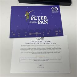 Two Queen Elizabeth II Isle of Man 2019 silver proof fifty pence coin sets, comprising 'ICC Cricket World Cup' five coins and 'Peter Pan' six coins, both cased with certificates 