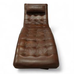 Barker & Stonehouse -stylish contemporary leather chaise longue, upholstered in brown tufted leather panels, sinuous wave-shaped frame with headrest cushion, raised on angled chrome effect legs