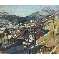 Beatrice Pauline Hewitt (British 1873-1956): Alpine Village Landscape, oil on canvas signed, artist address label verso 62cm x 75cm