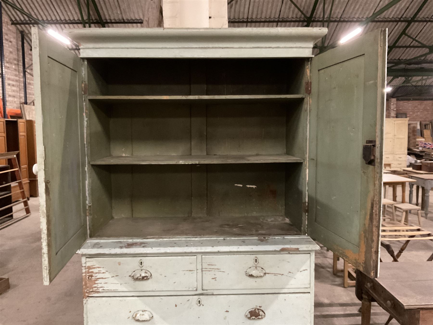 19th century pale blue painted pine housekeepers cupboard, double panelled cupboard enclosing two shelves over two short and three long drawers, on turned feet - THIS LOT IS TO BE COLLECTED BY APPOINTMENT FROM THE OLD BUFFER DEPOT, MELBOURNE PLACE, SOWERBY, THIRSK, YO7 1QY