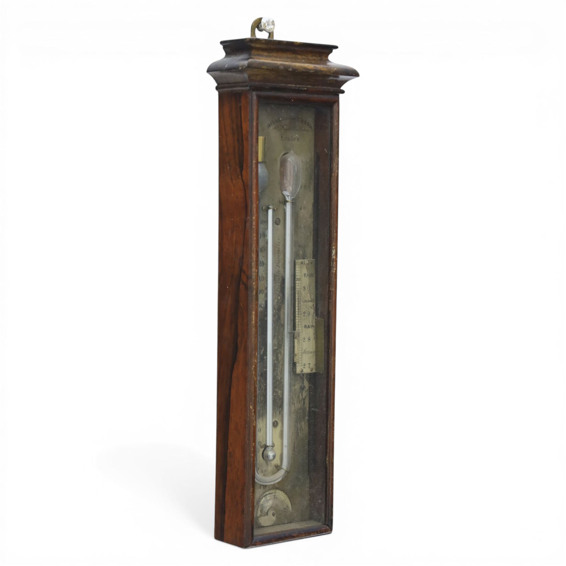 William Harris and Son, London - rare mid 19th century rosewood Patent Compensating Portable Barometer no. 283, rectangular silvered scale and U-shaped mercury tube terminating with a glass cistern and bulb, the centre with mercury thermometer tube and Fahrenheit scale calibrated from minus 10 to 150, the silvered plate engraved 'Harris's Patent Compensating Portable Barometer' and 'William Harris & Son 50 High Holborn London' and serial number '283', side fitted with rackwork vernier scale annotated for barometric inches with weather observations and angled steel pointer for recording temperature, vernier with an independent friction slide adjustment with external secondary brass side knob, bottom edge with recording disc engraved with barometric scale, 33cm high 7.5cm wide