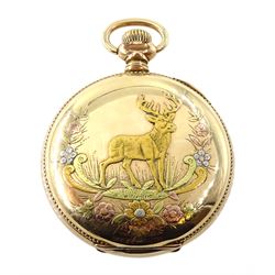 American gold-plated full hunter, 21 jewels keyless pocket watch by Hampden Watch Co, No. 1406468, the movement signed 'North American Railway', white enamel dial with Arabic numerals and subsidiary seconds dial, the case front decorated with applied cartouche and coloured flowers, the reverse depicting a stag within a floral wreath