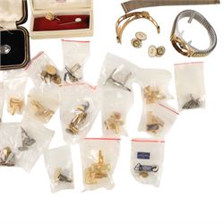 9ct gold shirt stud and opal stick pin, Sif Jakobs silver ring, silver spoon and a collection of costume jewellery cufflinks, tie clips etc