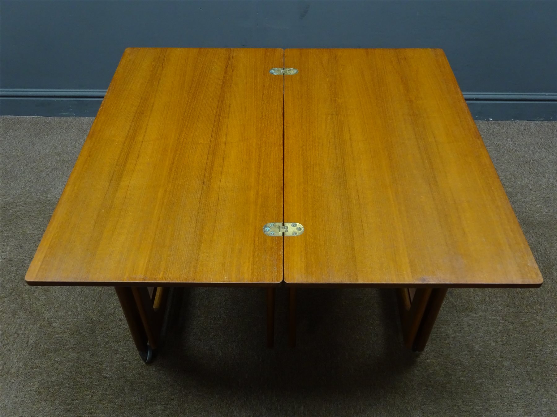 Mackintosh teak nest of tables, folding rectangular top, two nesting