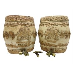 Two 19th century stoneware barrels, one for gin and the other for whisky, decorated in relief with lions, grape vines, armorial crests and mounted figures, H31cm