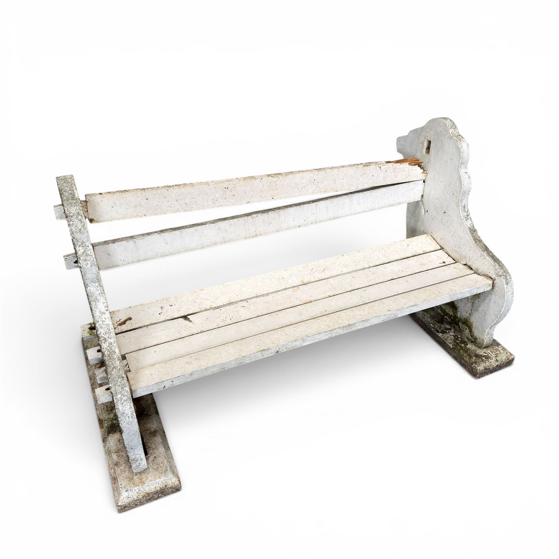 Composite stone white painted garden lion bench, the end supports in the form of standing lions, with pegged back and seat slats