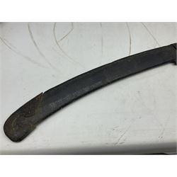 Chinese Boxer Rebellion Period Sword, 69.5cm heavy curved single edge blade with single narrow fuller, plain iron dished circular guard, iron pommel and ferrule with plaited cord bound grip; in skin covered wooden scabbard with iron chape and long suspension mount L95cm overall