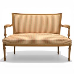 20th century Louis XVI style beech salon suite, comprising settee and four chairs, the settee with shaped rectangular back and upholstered arms over a shaped seat, the chairs with rectangular backs and overstuffed seats, each upholstered in striped fabric with close-nailed borders, upon fluted tapering supports headed by carved paterae, terminating in toupie feet, chairs H89cm W47cm