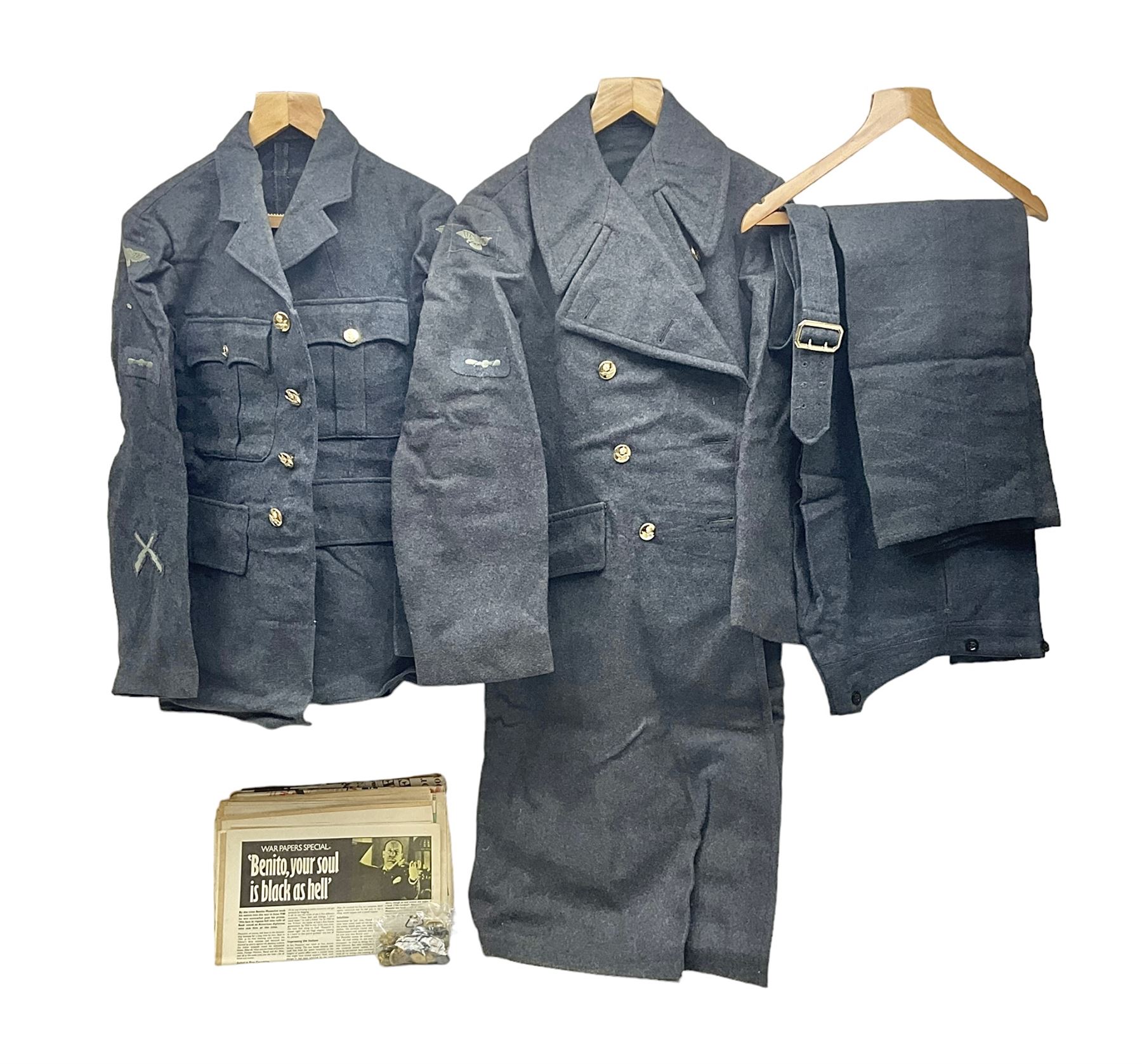 British RAF uniform, including jacket and trousers, modern RAF uniform buttons and a collection of reproduction wartime newspapers