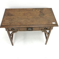 Arts & Crafts oak side table, moulded top, single drawer, pierced rail, square tapering supports, W82cm, H75cm, D43cm
