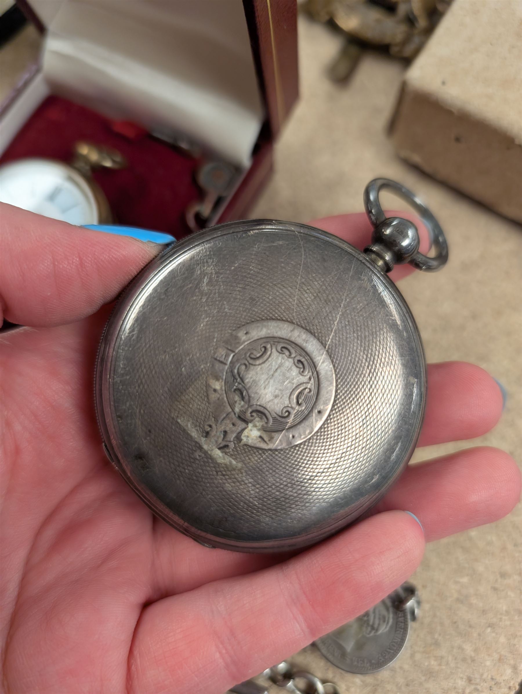 Silver Improved Patent open faced pocket watch, together with a silver Albert chain and a brass fob watch