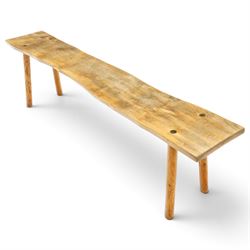 Mid-20th century live-edge bench or coffee table, raised on cylindrical supports