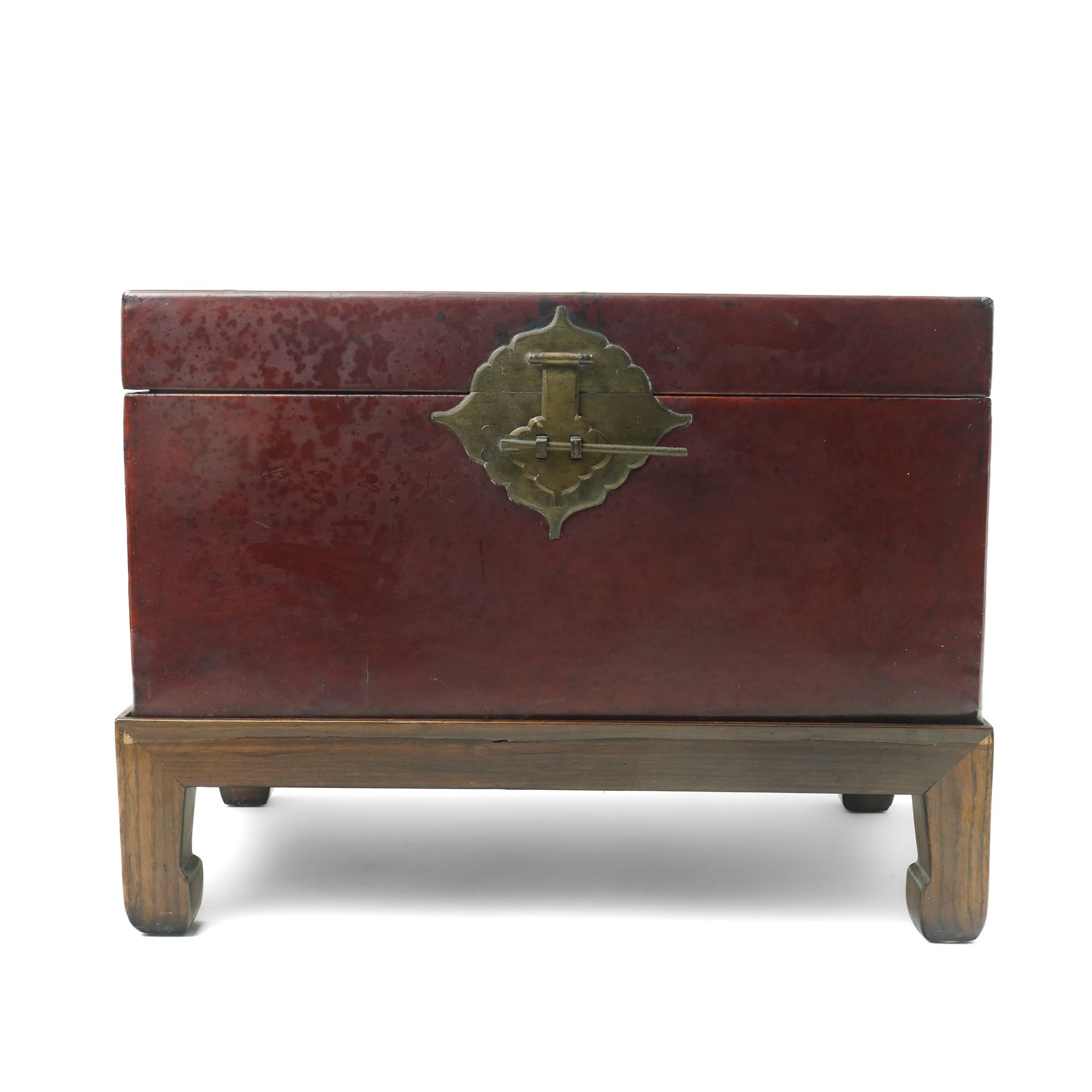 Chinese red lacquered chest on hardwood stand, with twin carrying handles, including stand H37cm x W49cm