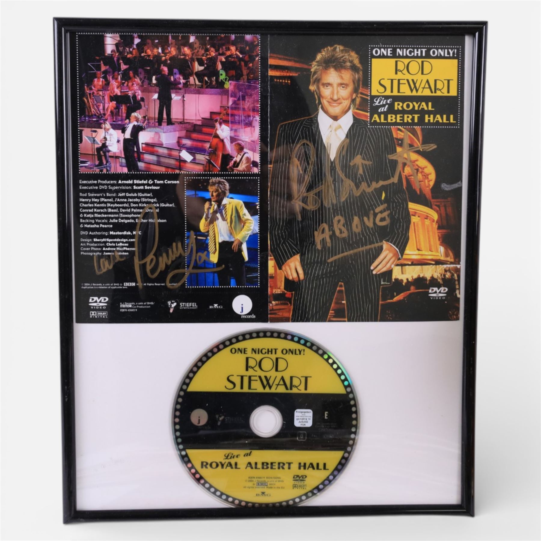 Signed bottle of Rod Stewart edition Wolfie's blended scotch whisky, together with Rod Stewart memorabilia, including first edition of his autobiography, colour photograph and two 7 inch singles, DVD sleeve 'Rod Stewart Live at Royal Albert Hall' signed by both Rod Stewart and Penny Lancaster, framed, tour programmes including 2019 world tour and a collection of Fan Club magazines