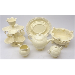  Royal Creamware two-tier oyster stand with tulip top H27cm, matching two-handled bowl with pierced sides and lion mask feet and oval stand with pierced rim and raised centre, together with Wedgwood Windsor creamware three-piece tea set (6)  