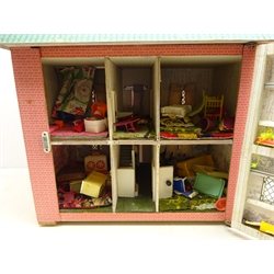  Vintage two-storey dolls house H73cm, W60cm with furniture and various matched wooden hand crafted furniture   